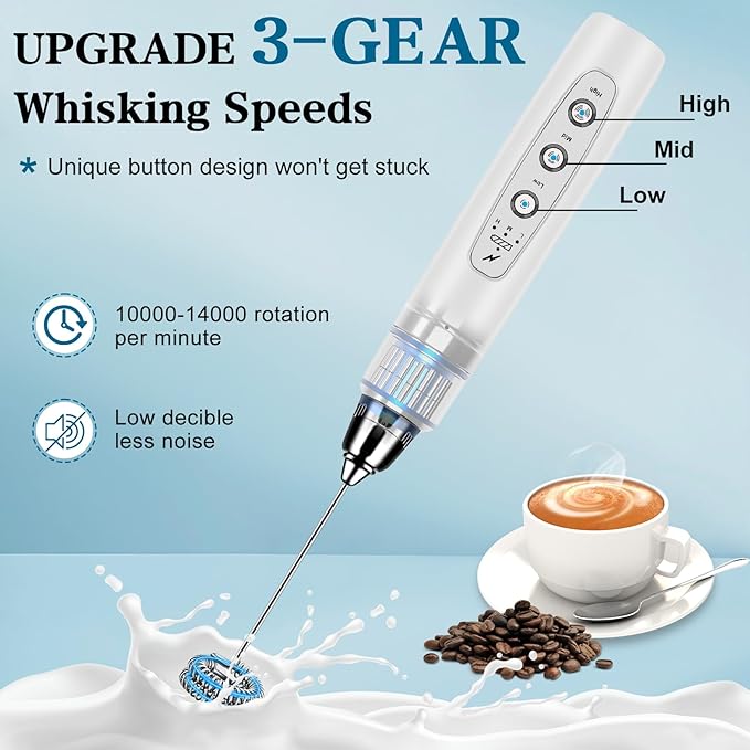 BSRGMS Milk Frother Handheld for Coffee, Electric Whisk 3 Speed Adjustable, Drink Mixer with Stainless 3 Whisks, Rechargeable Hand Frother Wand, Foam Maker for Latte Cappuccino Hot Chocolate Egg White