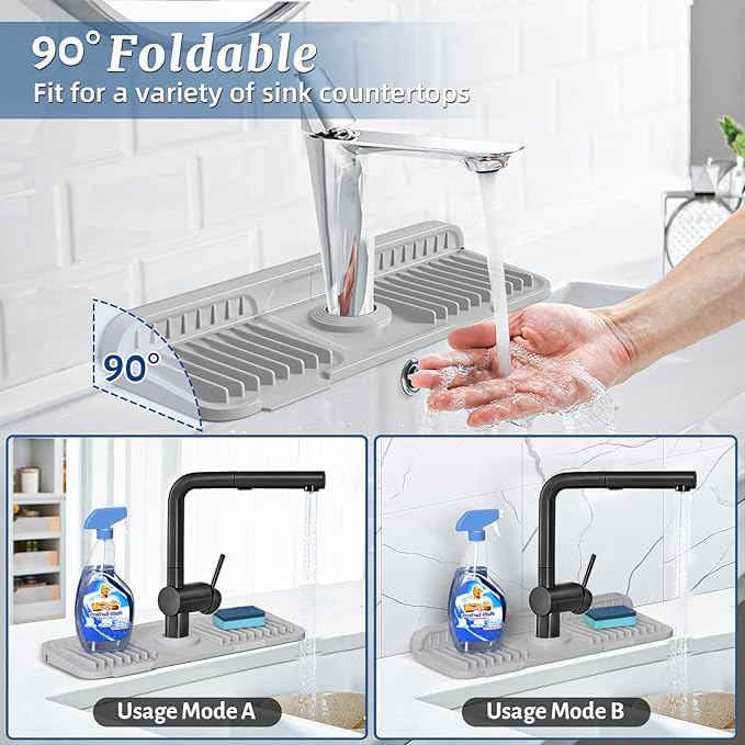 PoYang 14.6 inch Faucet Mat for Kitchen Sink Splash Guard, 7° Slope Silicone Sink Water Splash Guard for Kitchen Sink Area with Snap, Long Sink Protectors for kitchen Sink Sponge Holder, Light Grey