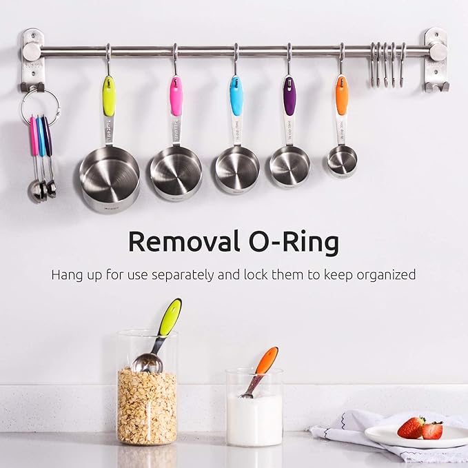 U-Taste 18/8 Stainless Steel Measuring Cup and Spoon Set of 10 Multicolor and 16 inch Adjustable Rolling Pin with Silicone Removable Thickness Rings Aqua Sky