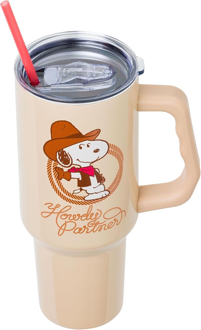 Silver Buffalo Peanuts Western Howdy Partner 40oz Stainless Steel Tumbler w Handle