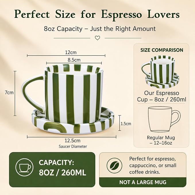 Thenshop 2 Set 8 oz Large Espresso Cups with Saucer, Striped Ceramic Coffee Mugs Great for Tea Hot Chocolate, Microwave Safe, for Women, Men, Modern, Unique Style for Kitchen, Office