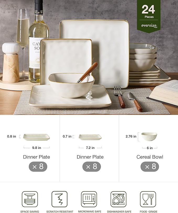 Famiware Dinnerware Sets for 8, Ocean Square 24-Piece Kitchen Plates and Bowls Sets, Microwave and Dishwasher Safe, Scratch Resistant, Vanilla White