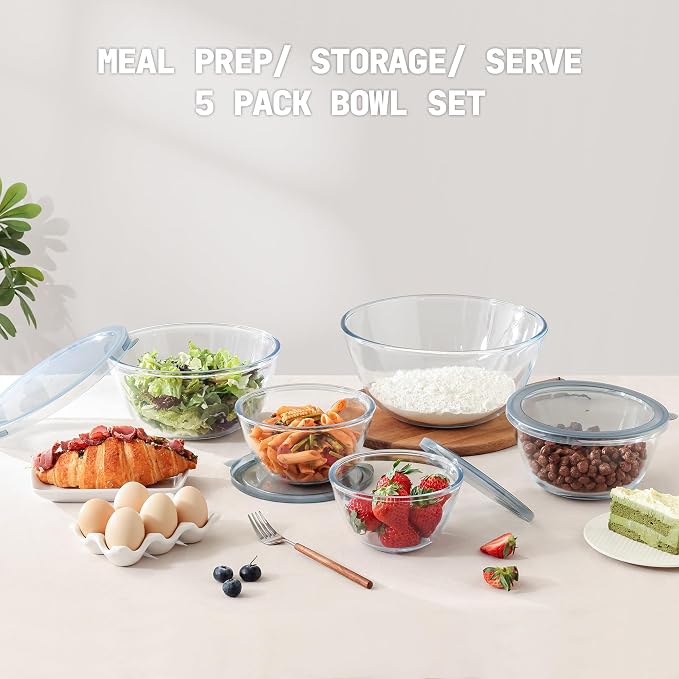 Cuiselect 5pc Glass Mixing Bowls with Lids Set (4.65QT, 2.80QT, 1.64QT, 1.16QT, 0.85QT), Nesting Salad Bowl, Glass Mixing Bowl for Cooking, Baking, Prepping-Dishwasher Microwave Freezer Safe(Brown)