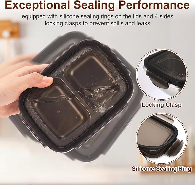 12 Pack 304 Stainless Steel Food Storage Containers 2 Compartment Food Grade Metal Lunch Bento Boxes with Airtight Lid 13 oz/380ml Meal Prep Container Freezer Dishwasher Safe