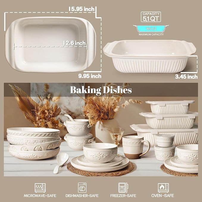 Artena Baking Dish 5.1 Quarts, Casserole Dishes For Oven, Baking Pan With Handles, Lasagna Pan Deep, Large Casserole Dish, Rectangular Ceramic Bakeware (White)