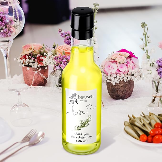 Reallnaive 30 Sets 5 oz Mini Olive Oil Glass Bottles for Homemade with Lids Heat Shrink Cap Stickers and Funnels Clear Mini Olive Oil Woozy Bottle Hot Sauce Glass for Wedding Favors Guest Babyshower