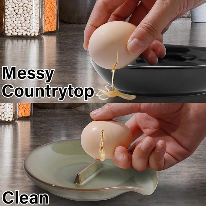 Egg Cracker Spoon Holder, Spoon Rest for Kitchen, Ceramic Spoon Holder for Stove Top, Cooking Spoon Holder,Heat Resistant Utensil Rest for Countertop, Dishwasher Safe, Blue (Green)