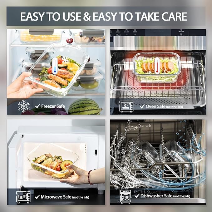 GENICOOK Glass Food Storage Containers with Glass Lids, Microwave Safe Food Container Set, Aitight Meal Prep Container Set, LeakProof, slicone sleeve,100% Plastic Free, 5 Pack 22oz