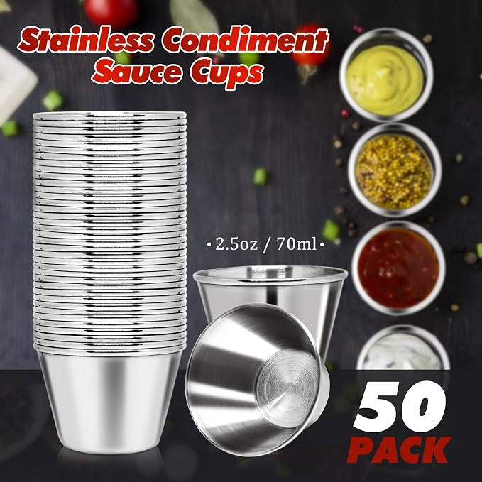 DJZZ 50 Pcs Metal Sauce Cups 2.5oz Ramekins, Stainless Steel Dipping Sauce Cups Metal Condiment Container Reusable Round Butter Dressing Restaurant Small Bowls (50)