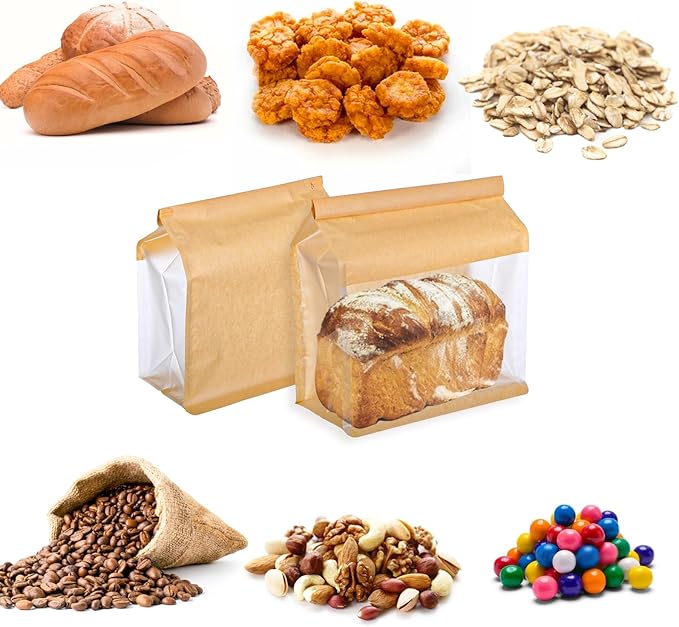 100 Pcs Heavy Duty Large Paper Bread Bags with Tin Tie Tab Lock, Loaf Bag with Clear Front Window, Storage Packaging Treat Bag for Bakery Cafe Homemade Bread 11.2” × 4.3” × 8.7”
