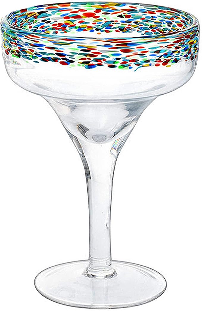 Margarita Glasses – Set of 4 - Luxury Hand Blown Confetti Margaritas, Cocktails, Water, Wine, Dessert, Martini & Champagne Cinco de Mayo, Hand Blown - Mexican Confetti Design Glass, Party, Home & Bar