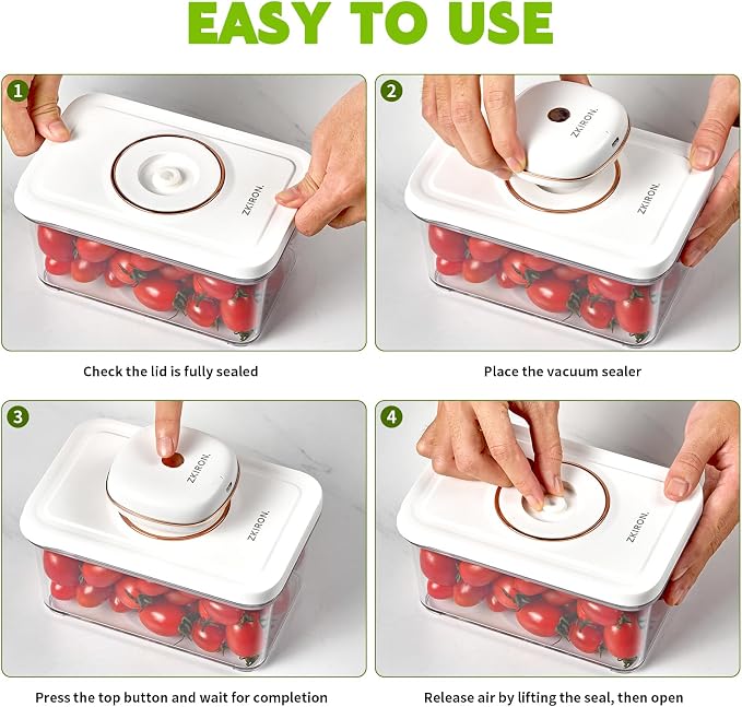 ZKIRON One-Touch Electric Vacuum Seal Food Storage Containers Set of 3 - Automatic Sealer Machine with Airtight Meal Prep Containers - BPA-Free & Stackable for Vegetables, Meat, Fruits (White)