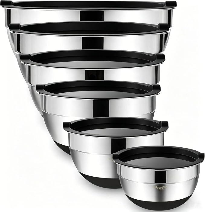 Umite Chef Mixing Bowls with Airtight Lids，6 piece Stainless Steel Metal Nesting Storage Bowls, Non-Slip Bottoms Size 7, 3.5, 2.5, 2.0,1.5, 1QT, Great for Mixing & Serving(Black)