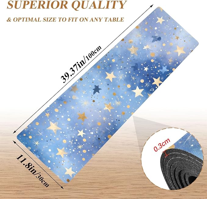 2 in 1 Table Runner Trivet for Hot Pots and Pans Heat Resistant Non Slip Waterproof 39 x 12 Inch Decorative Table Protector for Kitchen Countertop Blue Romantic Golden Stars