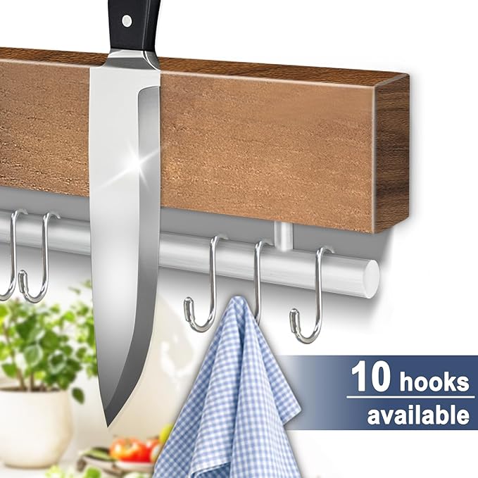 Dmore magnetic knife holder for wall—with 10 hooks, No Drilling 17 Inch Wood knife magnetic strip, Extra Strong Magnet knife rack, include Adhesive Tape and screws for Knives and Tools