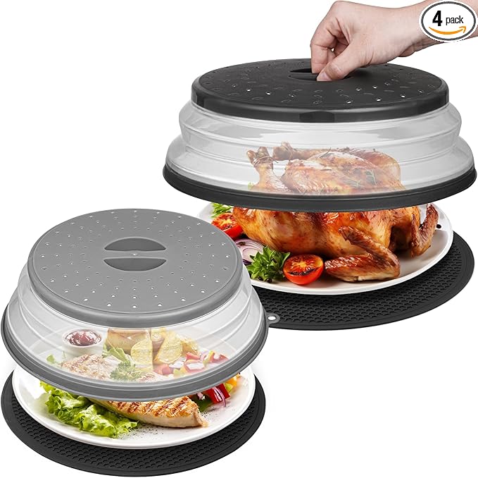 12"&10" Microwave food Cover and Mat,Large Vented Collapsible Splatter Guard dish Plate lid & Silicone Round Kitchen mat,4 in 1