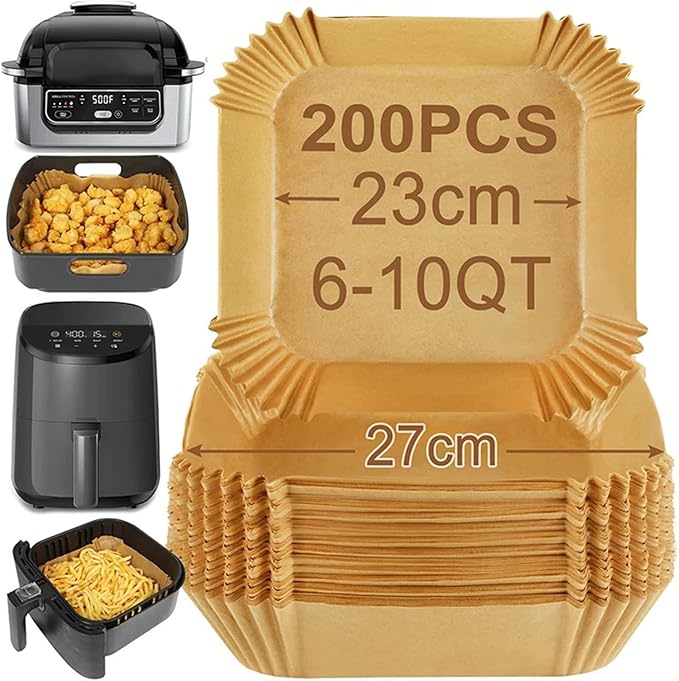 Large Air Fryer Disposable Paper Liners Nonstick 23cm Oven Airfryer Parchment Baking Paper ，Compatible For Ninja，Compatible For COSORI ，Grill Cooking Basket(23cm square,200 Pcs)