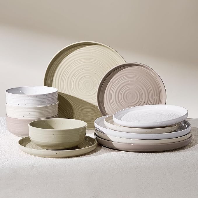12-Piece Stoneware Dinnerware Sets, Service for 4 - Farmhouse Coupe Plates and Bowls with Speckles & Spirals - Chip & Scratch Resistant, Microwave & Dishwasher Safe, Multicolor