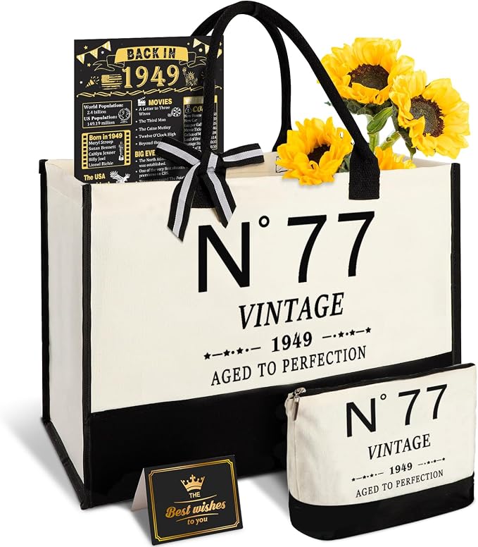 YeohJoy 77th Birthday Gifts for Women Canvas Tote Bag Travel Gear, Unique 77 Years Old Gifts for Wife Mom Sister Aunt Friends Her, Vintage N°77 Handbag & Cosmetic Bag & Back in 1949 Poster