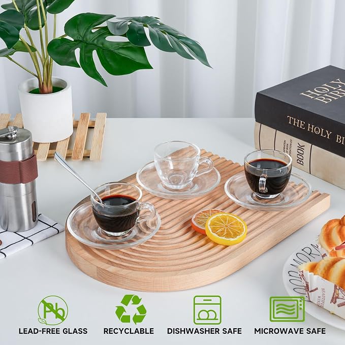 Glass Espresso Shot Cups with Saucers Set of 6, Clear Small Demitasse Cup with Stainless Steel Spoons, Dishwasher & Microwave Safe Tiny Coffee Mugs Only for Espresso, 2.5OZ/75M