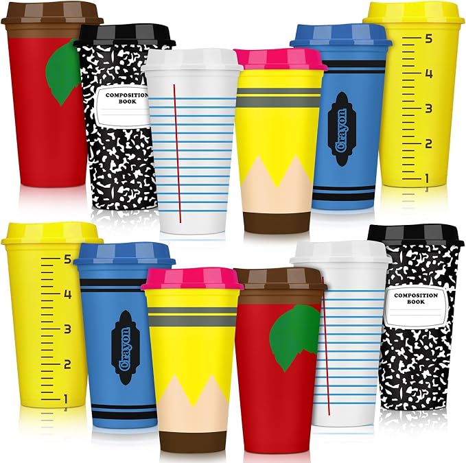 Skylety 12 Pcs Back to School Teachers Gifts Teacher Appreciation Gifts Teacher Deals Bulk Reusable Plastic Coffee Cup with Lid for First Day of School Party Decorations (Elegant)
