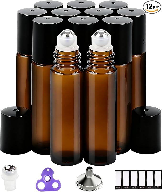 PrettyCare 12-Pack Amber Glass Roller Bottles for Essential Oil with Stainless Steel Roller Ball - 10 ml Refillable Leak-proof Empty Roll on Bottles with Caps for Perfume, DIY, Beauty & Personal Care