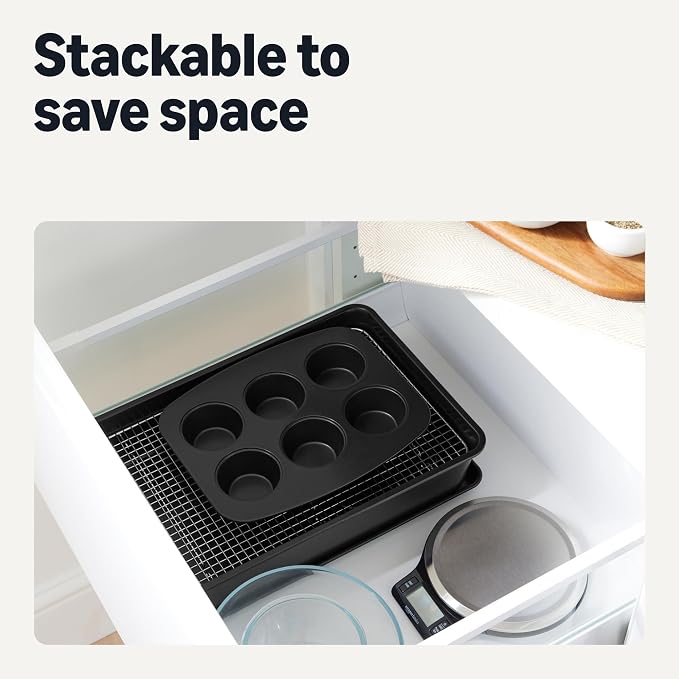 Amazon Basics Nonstick Bakeware 6-Piece Set, Stackable, Dishwasher and Oven-Safe, Baking Pan
