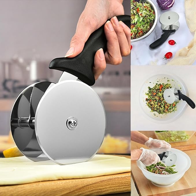 Stainless Steel Double Wheel Vegetable Cutter, Pizza Wheel With Sharp Blade For Cutting Shells, Pies, Cheese, with Built-in Finger Guard & Non-Slip Plastic Handle, Dishwasher Safe (1 pc)