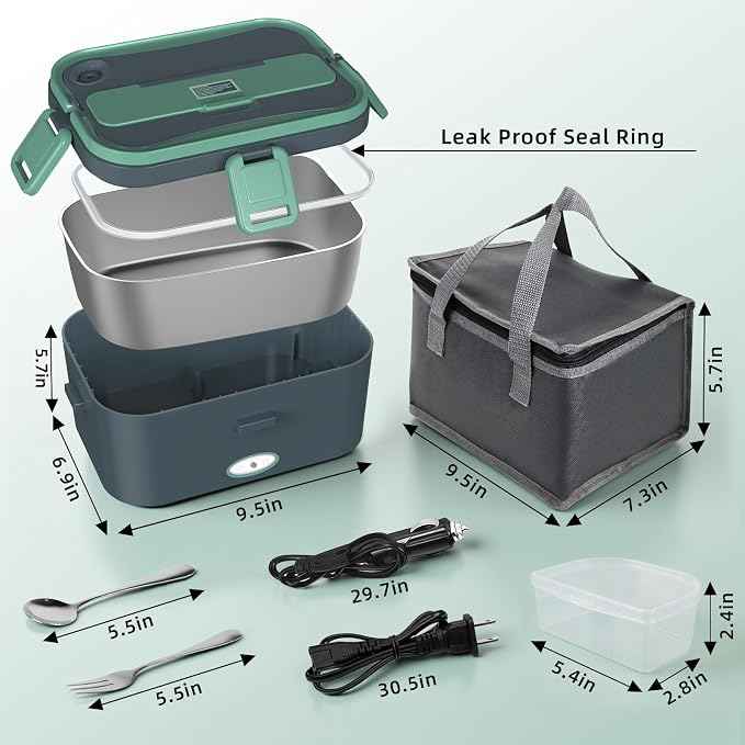 Electric Lunch Box for Adults, 80W Heated Lunch Box For Men, 1.8L 304 Stainless Steel Container, 12V/24V/110V Portable Food Warmer for Car Truck Work & Travel, Lonchera Elctrica (Green)