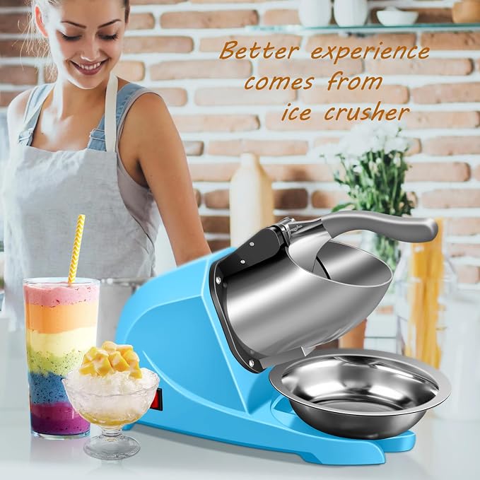 4-Blades Electric Ice Shaver Machine, 200lbs/hr Ice Crusher with Ice Tray for Home and Commercial Use (Blue)