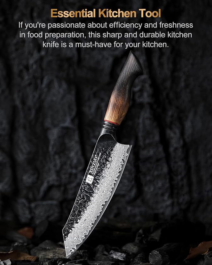 XINZUO 7.6 Inch Sharp Damascus Santoku Knife,Professional 67 Layers Damascus Steel Kitchen Meat Knife for Home and Kitchen,10Cr15CoMoV Steel Core,With White Oak + Red G10 Gasket Handle