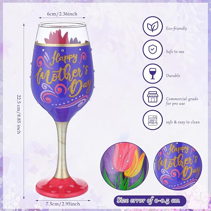 SiliFine 4 Pcs Tulip Party Stemmed Wine Glasses Hand Painted Tulip Flower Drinking Cup Wine Glasses Gifts for Mom Grandmother Mother in Law Birthday Holiday Party Supplies