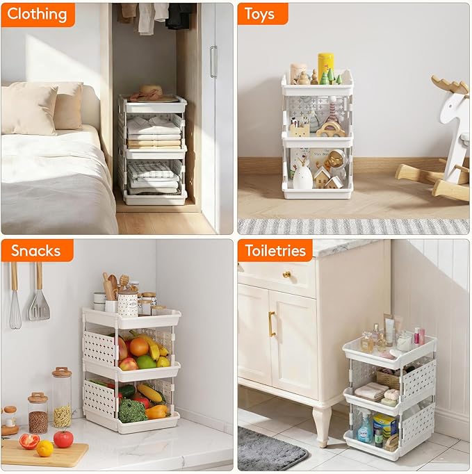 Lifewit Plastic Stackable Storage Baskets, 3 Tier Stacking Bins for Food and Clothes, Multifunctional Organizer for RV, Kitchen, Playroom, Pantry, White, 35 x 30 x 50 cm/14 x 12 x 20 inch, 1 Pack
