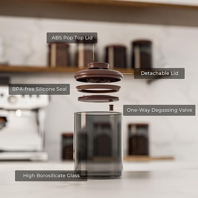 6OZ Amber Glass Coffee Canister with Pop Lid & CO₂ Valve - UV Protection Ground Coffee Containers for Travel & Outdoor - Keep Coffee Fresh