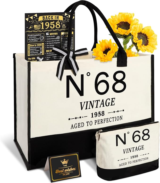YeohJoy 68th Birthday Gifts for Women Canvas Tote Bag Travel Gear, Unique 68 Years Old Gifts for Wife Mom Sister Aunt Friends Her, Vintage N°68 Handbag & Cosmetic Bag & Back in 1958 Poster
