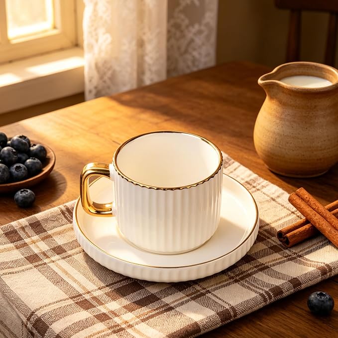 Ceramic Tea Cups Coffee Cup and Saucers Set of 4 (White)
