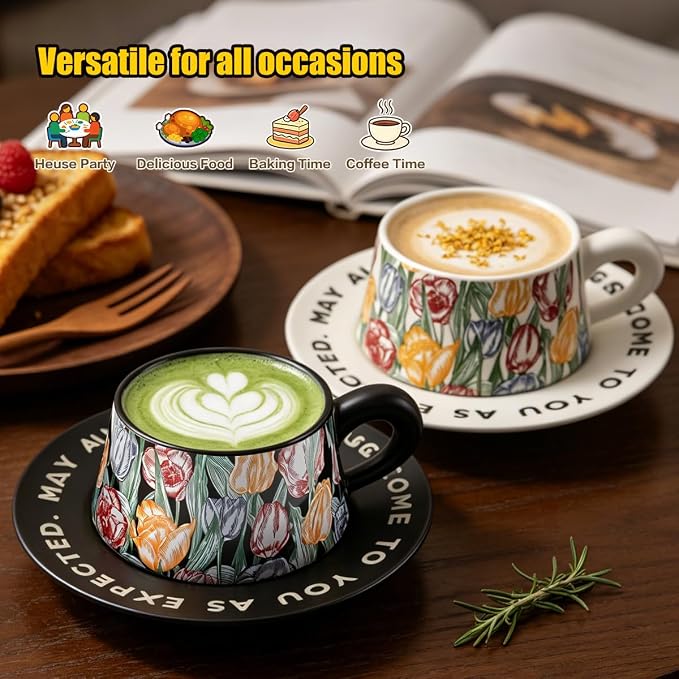 Tea Cup and Saucer Set Floral Design Porcelain Ceramic Coffee Cup Sets with Box Dishwasher Safe Set 9.8 oz Christmas Thanksgiving Gifts