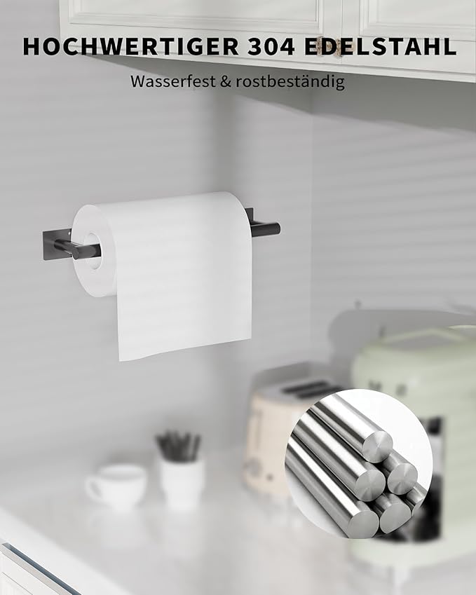 Paper Towel Holder Under Cabinet, Self Adhesive or Wall Mount Matte Black Hanging Paper Towel Holder with Damping Effect, Single Hand Operable, Stainless Steel for Kitchen Bathroom