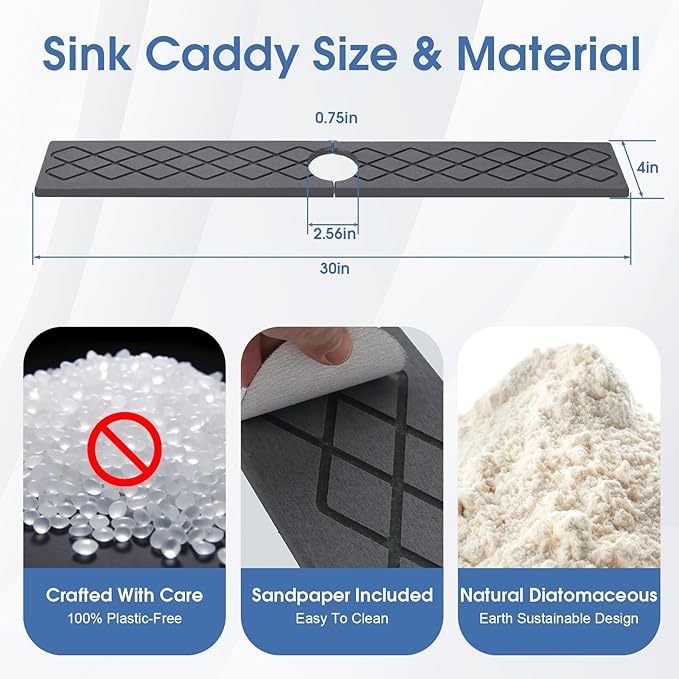 Diatomite Sink Splash Guard, Faucet Mat for Kitchen Sink 30" x 4", Super Absorbent Quick Drying Stone Mat, Faucet Splash Guard for Bathroom Counter, Matte black