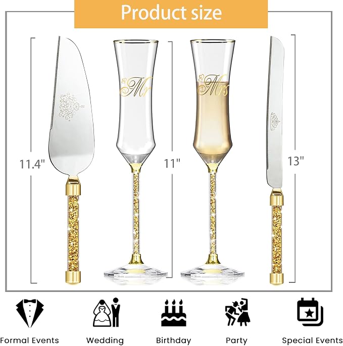 Wedding Cake Knife and Server Set, Wedding Cake Cutting Set with Mr and Champagne Flutes Glasses for Bride and Groom Gifts for Couples