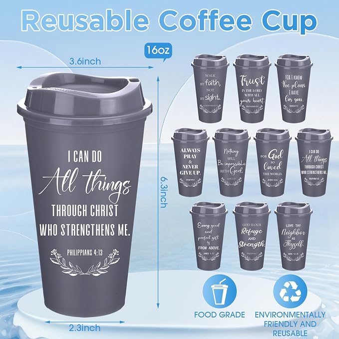 Skylety 20 Pack Bulk Christian Gifts for Men Women 16oz Reusable Bible Verse Tumbler Plastic Coffee Cup with Lid Inspirational Religious Church Gift for Teacher Graduation Party Favor (Gray)