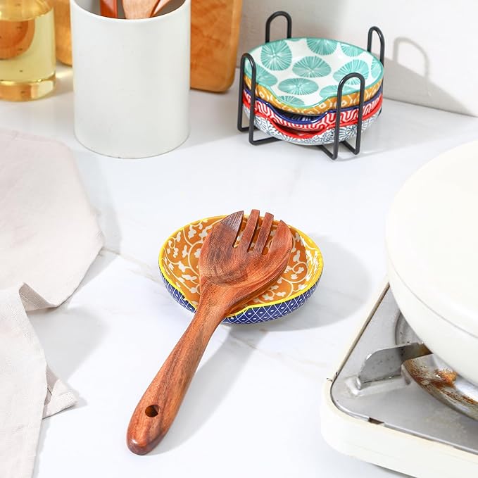 Selamica Ceramic Spoon Rest with Holder, 4.8 Inch Spoon Rest for Stove Top, Spoon Holder for Kitchen Counter, Coffee Spoon Holder, Utensil Rest for Cooking, Ladles, Tong, Set of 4, Assorted Colors