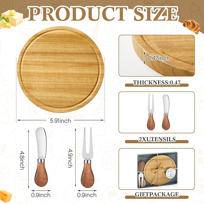 Maxcheck 1 Set Baby Shower Bridal Game Prizes for Winners Round Cheese Board Set Wood Mini Charcuterie Board with Knives and Forks Thank You Card with Gift Box for Guests Wedding (Teak)