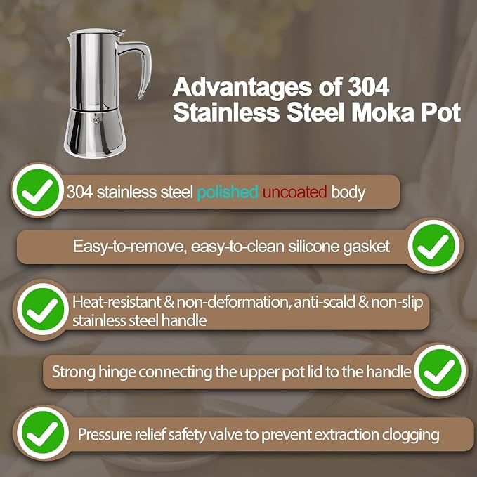 304 Thickened Stainless Steel Uncoated 2 Cup Moka Pot Coffee Maker Stovetop Espresso Coffeemaker Italian Classic Brewing Greca Cafe Mocha Machine for Cafeteras Camping Travel Home 100ml 3.3oz