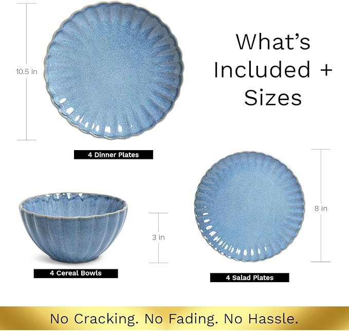 12 Pieces Stoneware Dinnerware Set, Microwave and Dishwasher Safe, for 4 | Scallop Frill Design, Chip Resistant, Ceramic, Includes Plates and Bowls