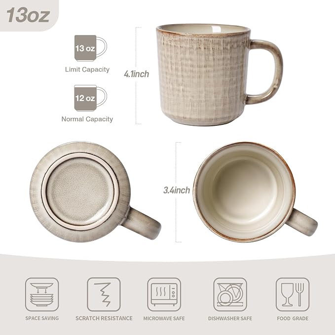 famiware Moonlight Coffee Mug Set of 4, 14oz Mug Set with Linen Finish, Coffee Cup Set with Handle for Latte, Cappuccino, Tea, Hot Cocoa, Microwave and Dishwasher Safe, Summer Sand