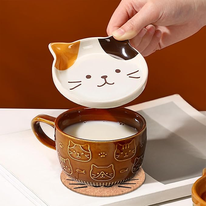 Gifts for Women Her Cute Kawaii Cat Coffee Mugs with Lids Christmas Birthday Presents for Girls Friend Kids Men Wife Mom Grandma Teacher Novelty Animal Coffee Ceramic Tea Cup Dessert Saucer Set
