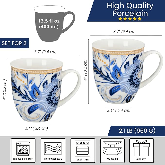 STP GOODS Porcelain Mug 13.5 fl. oz. - Set of 2 in Gift Box Coffee Cup, Gift for Women and Men (Melodie de Fleurs)