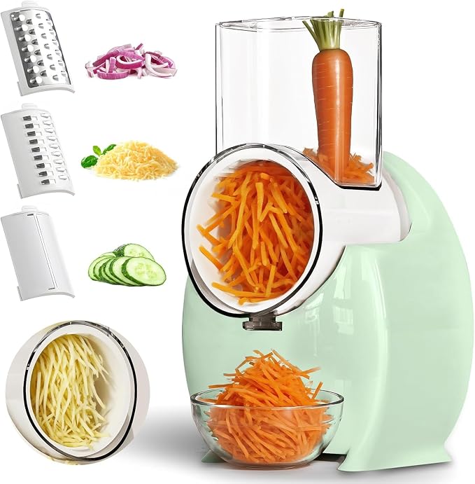 Electric Cheese Grater for Block Cheese - 3 in 1 Rotary Cheese Grater Electric Rotary Grater Salad Shooter Electric Slicer for Cheeses, Fruits, Vegetables and Nuts (Green, 6.89"x7.87")