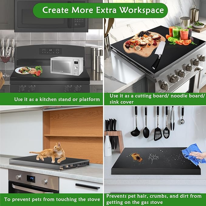 Gas Stove Cover Board, Resistance to Heat Range Covers for Gas Stove, Large Black Stove Top Covers (L30’’ x W22'' xH2.75'') with Anti-slip Silicone Feet, Anti-collision Corner Guards